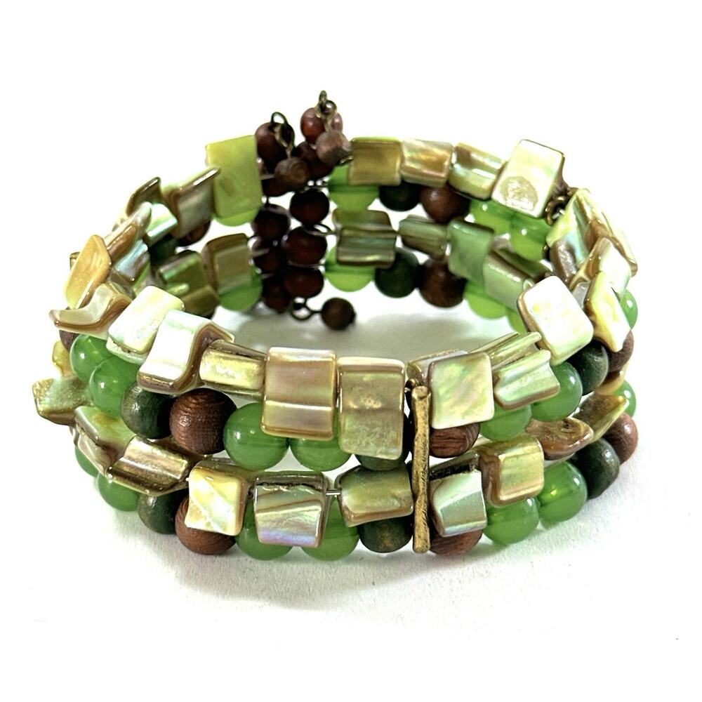 Green Beaded Wrap Bracelet Shell Wood Glass Multi Strand Adjustable Boho - Picture 3 of 7